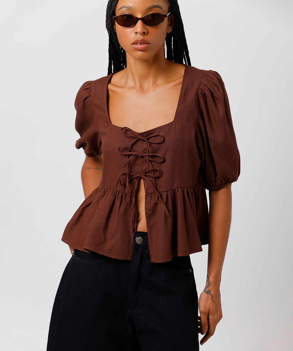 blusa peplum feminina com linho manga bufante mindset marrom