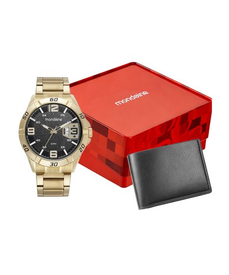 kit relógio masculino mondaine analógico calendário 32650gpmvde2ka dourado