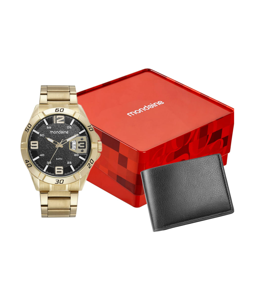 kit relógio masculino mondaine analógico calendário 32650gpmvde2ka dourado