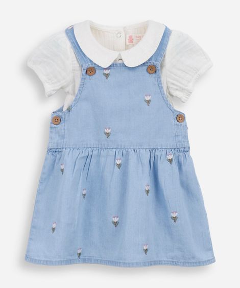 salopete infantil jeans com bordado floral e body azul