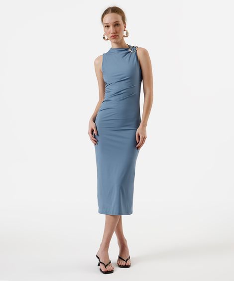 vestido midi feminino franzido com fivela azul