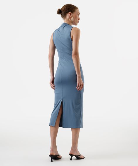 vestido midi feminino franzido com fivela azul