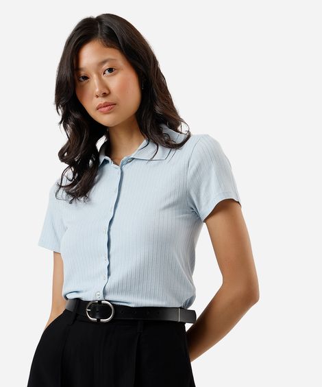 camisa feminina de viscose manga curta canelada azul