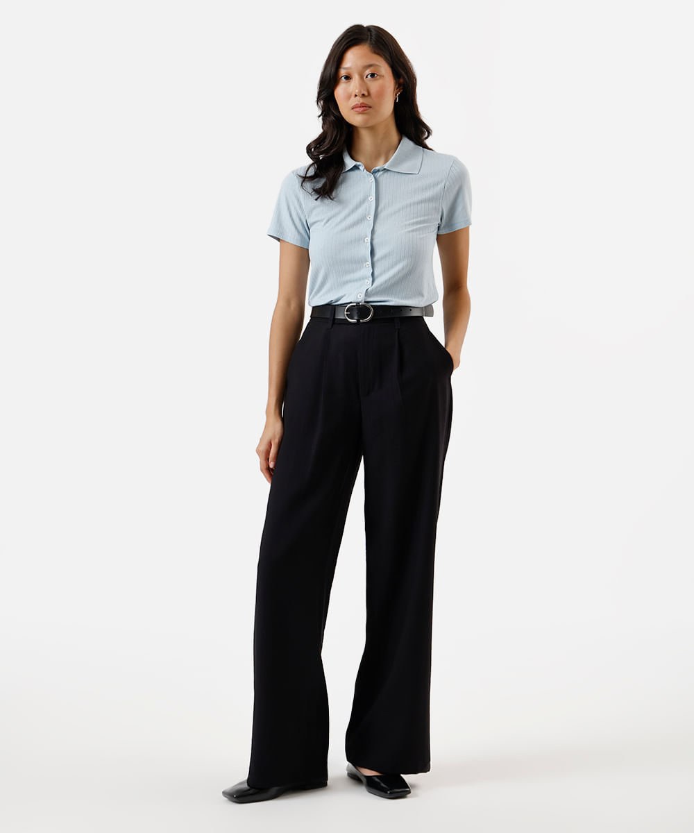 camisa feminina de viscose manga curta canelada azul