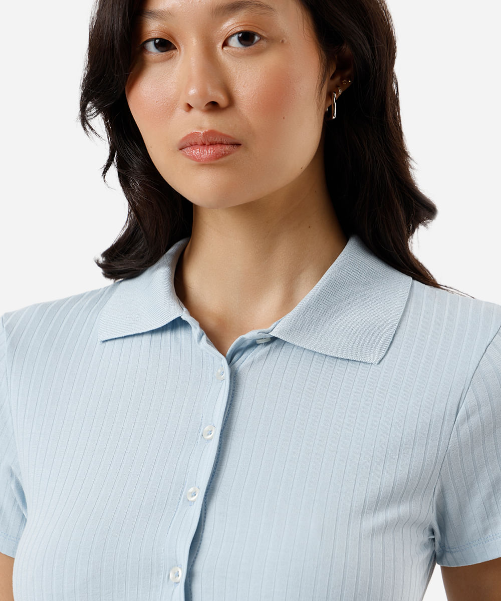 camisa feminina de viscose manga curta canelada azul