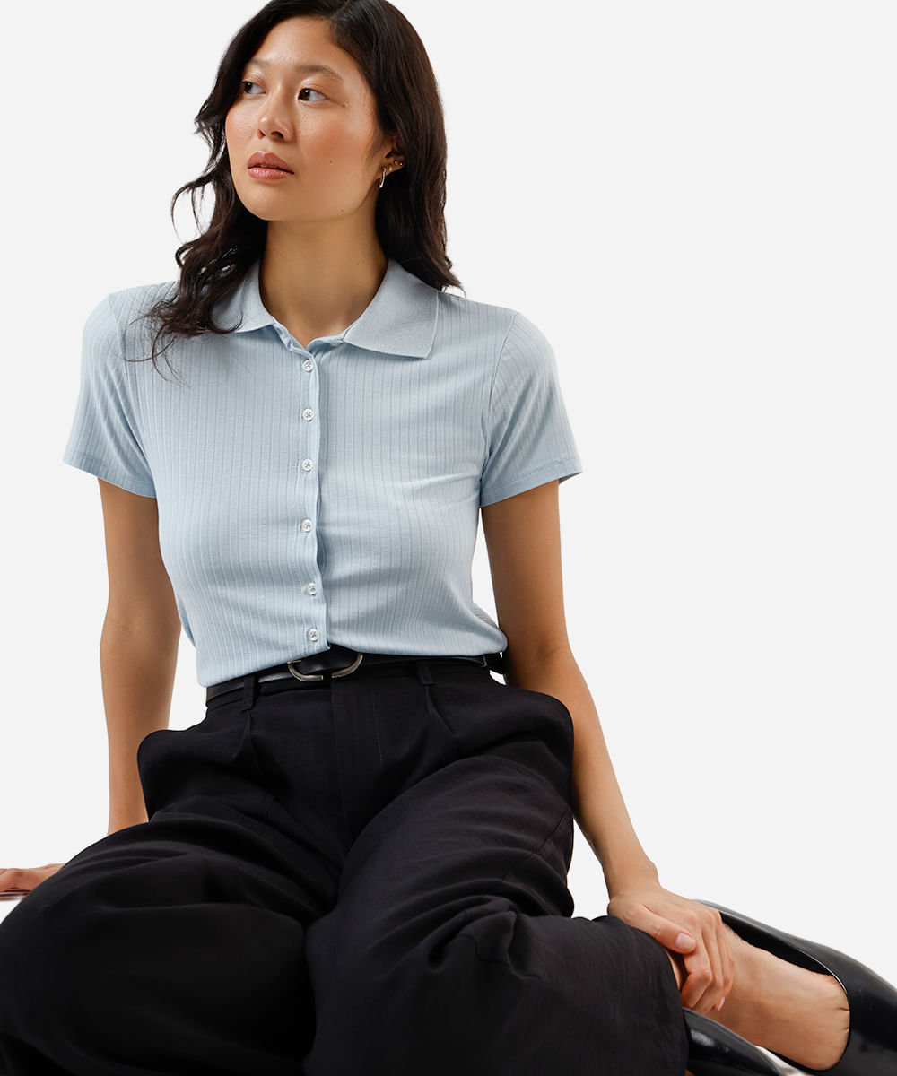 camisa feminina de viscose manga curta canelada azul