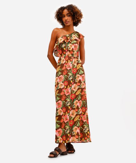 vestido midi feminino ombro único com babado floral marrom