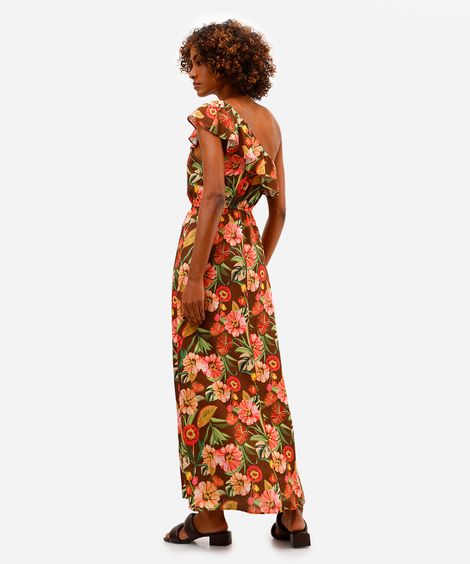 vestido midi feminino ombro único com babado floral marrom