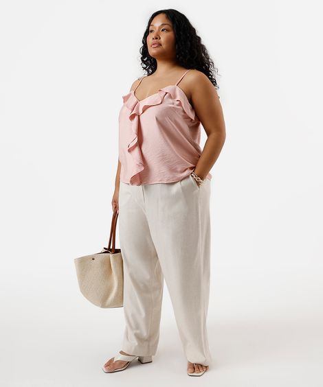 calça reta cropped feminina com linho cós elástico plus size bege