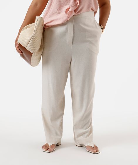 calça reta cropped feminina com linho cós elástico plus size bege