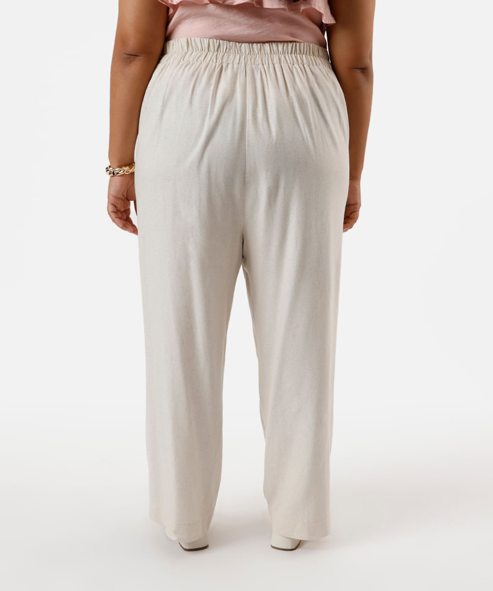 calça reta cropped feminina com linho cós elástico plus size bege