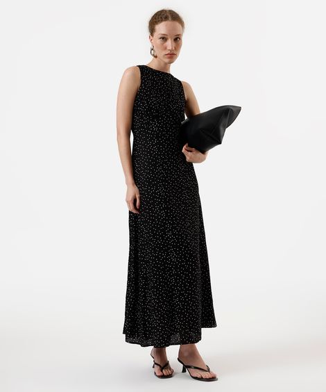vestido longo feminino de viscose poá preto