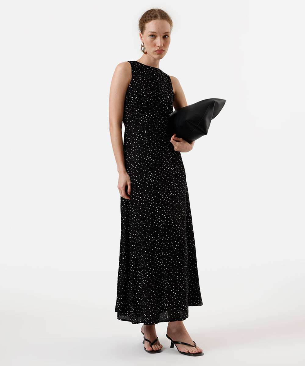 vestido longo feminino de viscose poá preto
