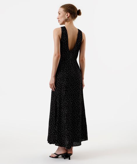 vestido longo feminino de viscose poá preto