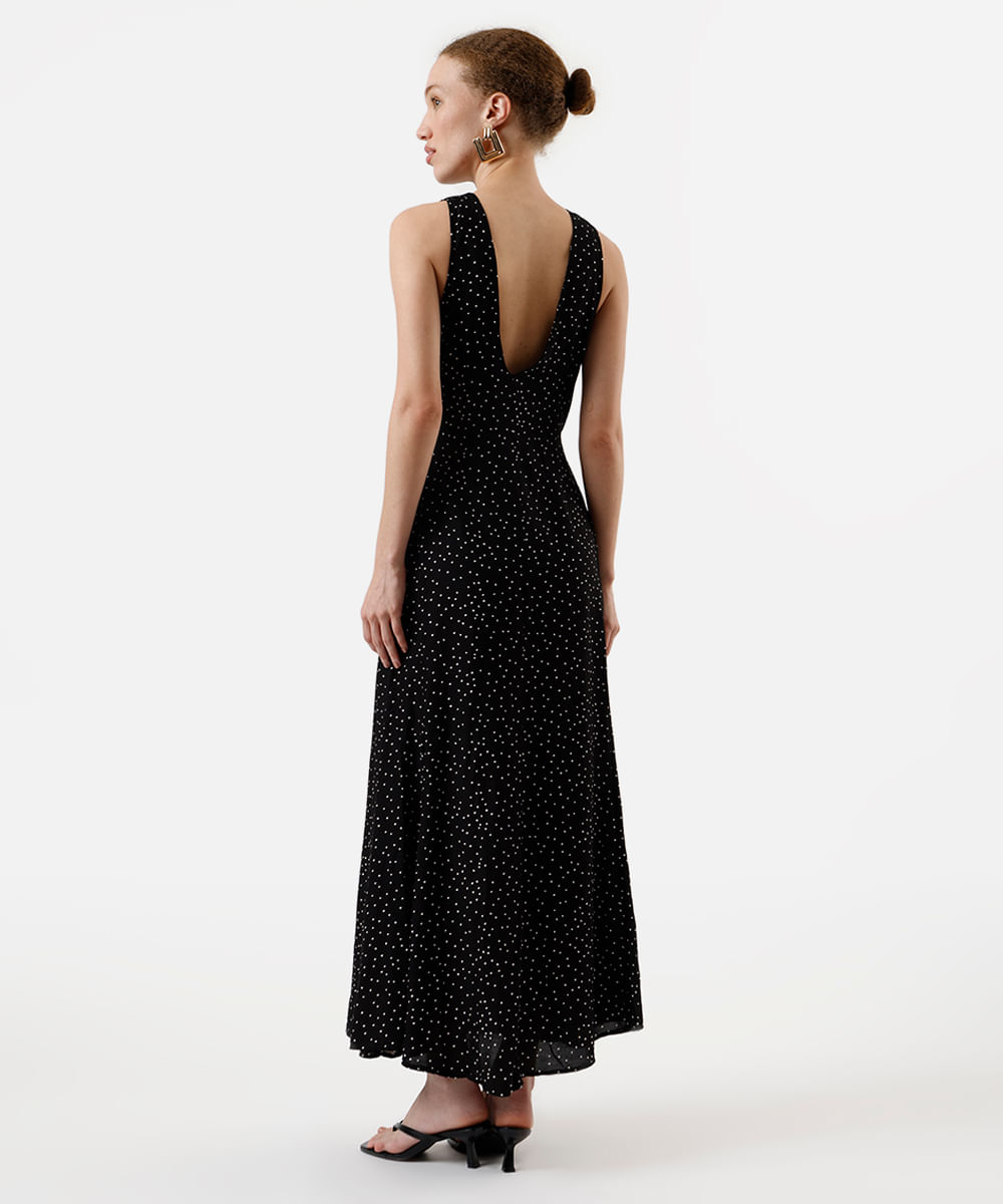vestido longo feminino de viscose poá preto