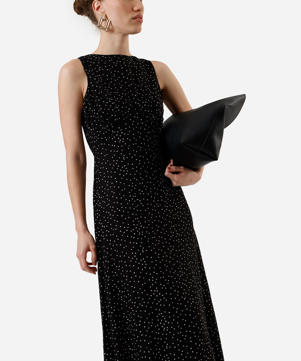 vestido longo feminino de viscose poá preto