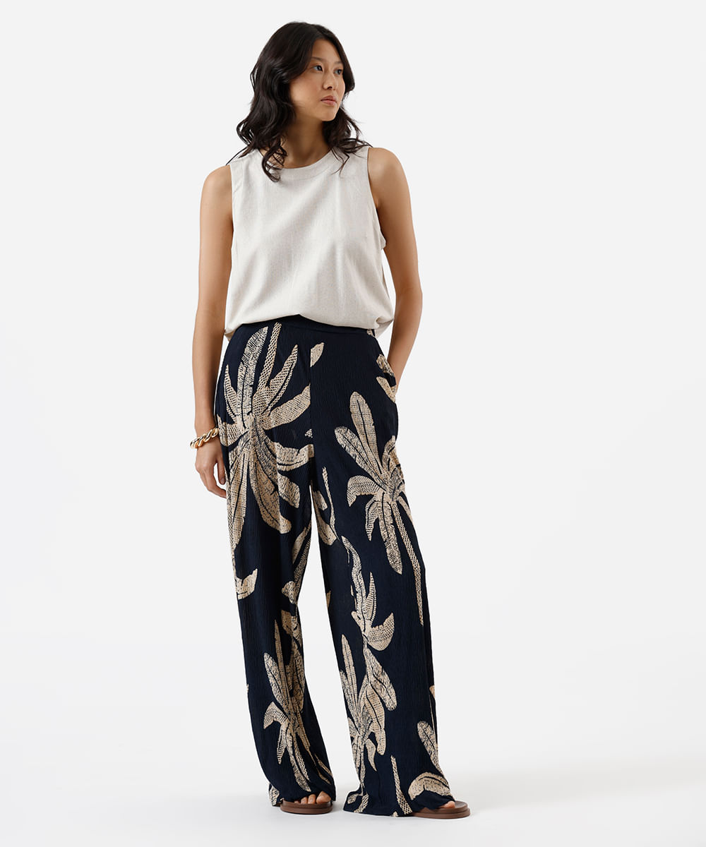 calça wide leg feminina texturizada folhagens azul