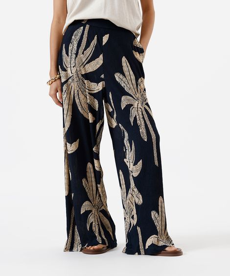 calça wide leg feminina texturizada folhagens azul