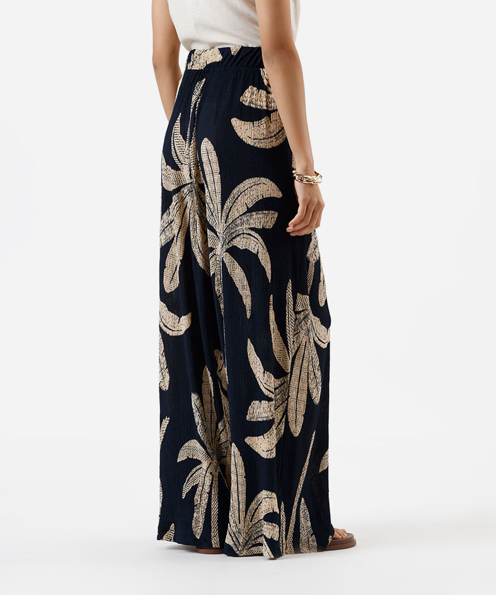 calça wide leg feminina texturizada folhagens azul