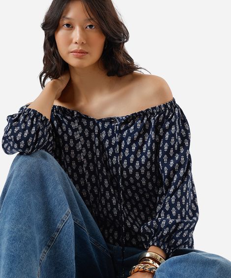 bata feminina de viscose ombro a ombro folhagens azul