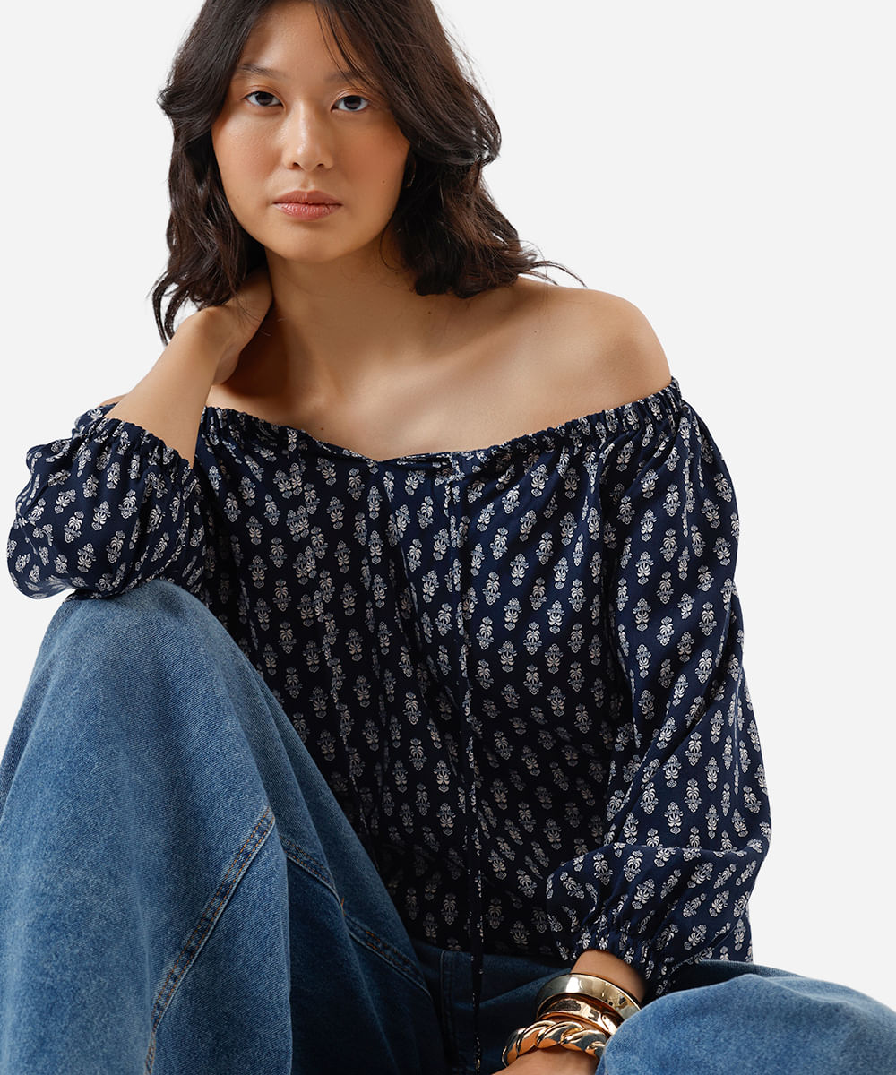 bata feminina de viscose ombro a ombro folhagens azul