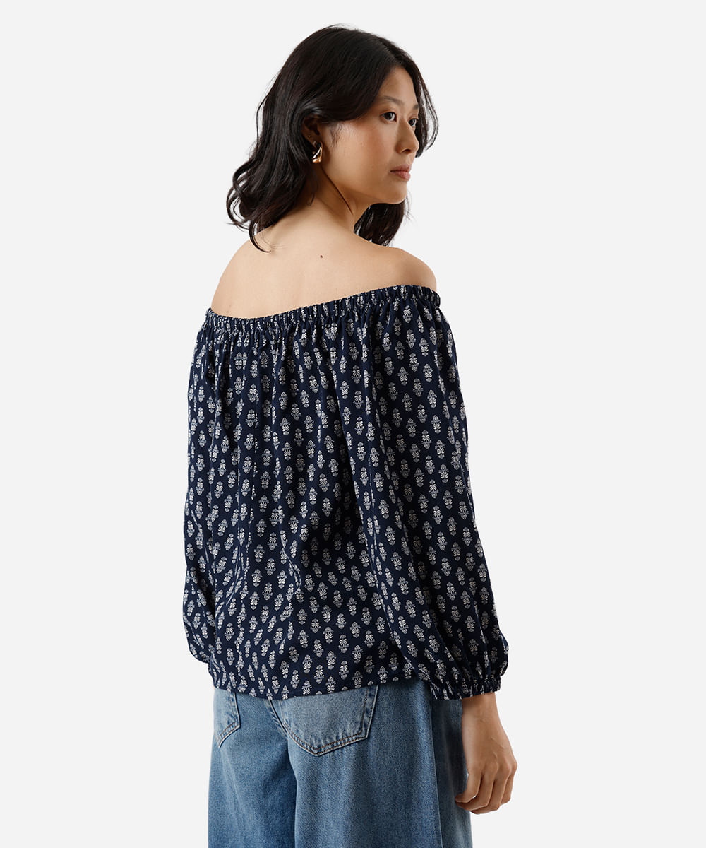 bata feminina de viscose ombro a ombro folhagens azul