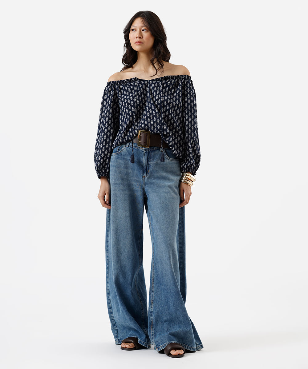 bata feminina de viscose ombro a ombro folhagens azul
