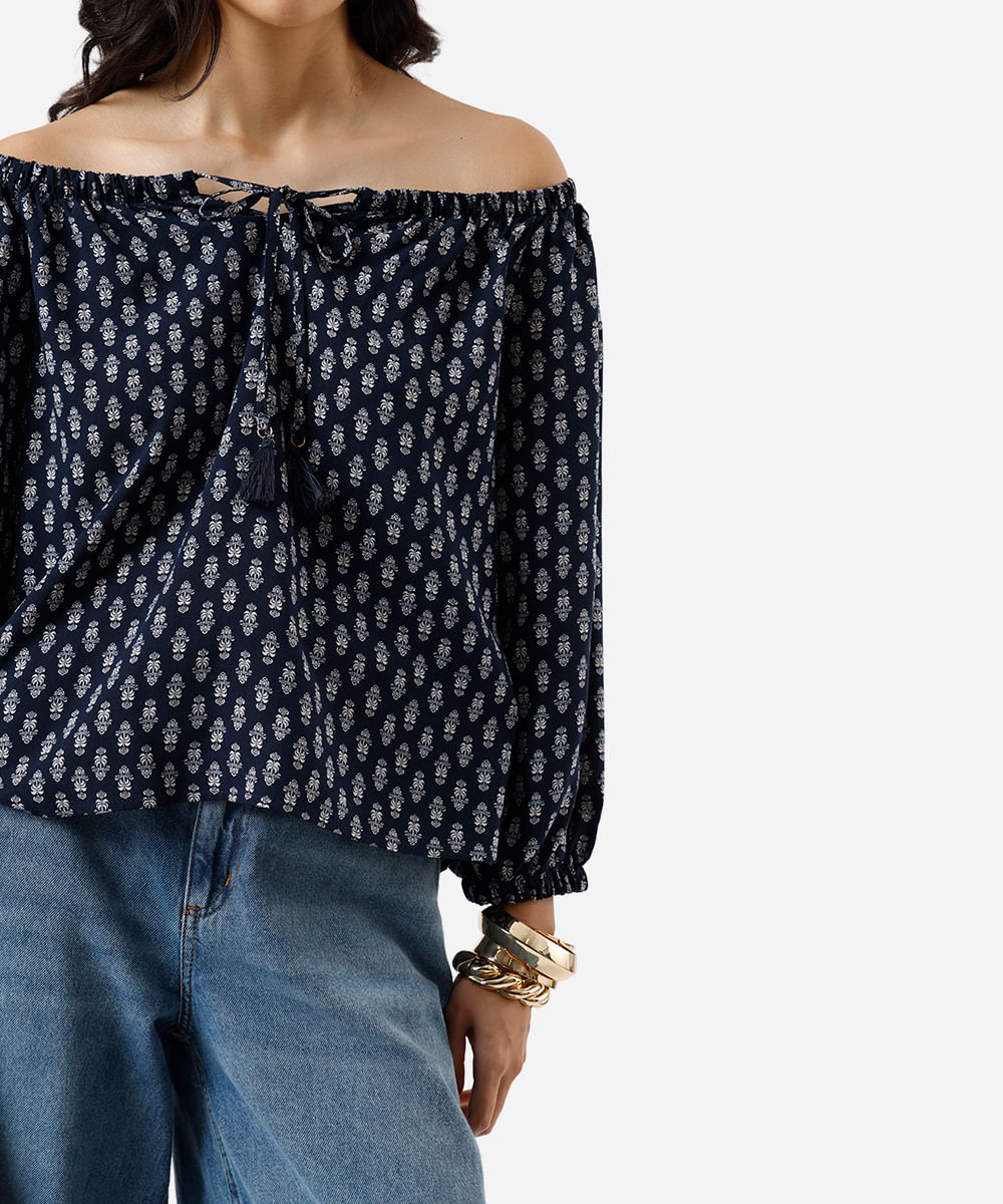 bata feminina de viscose ombro a ombro folhagens azul