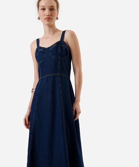 vestido midi alça fina feminino jeans decote coração azul