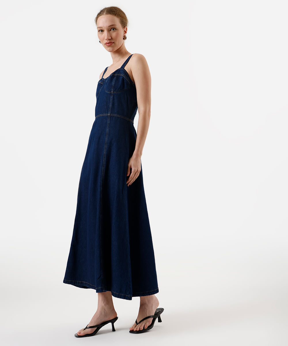 vestido midi alça fina feminino jeans decote coração azul