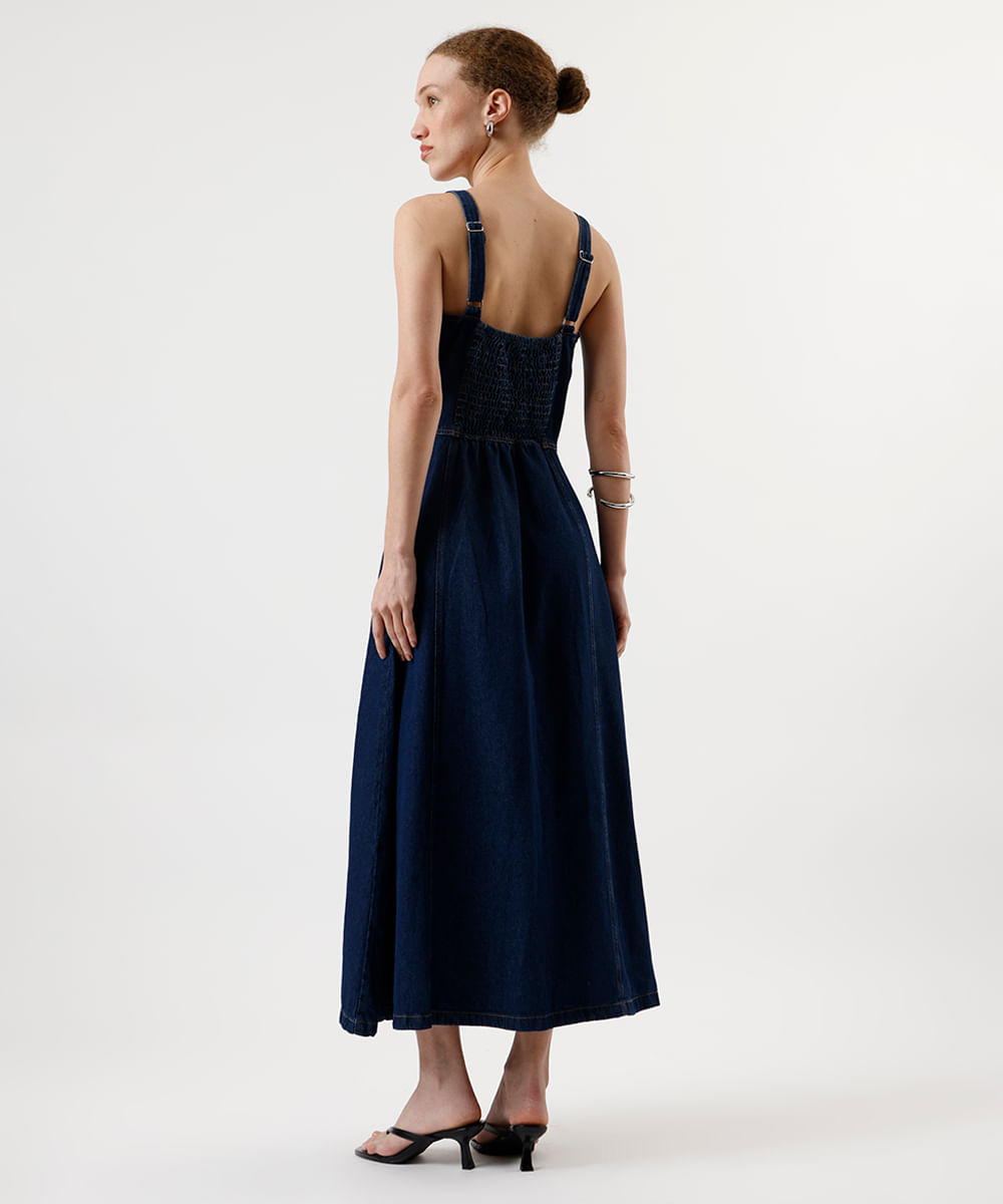 vestido midi alça fina feminino jeans decote coração azul