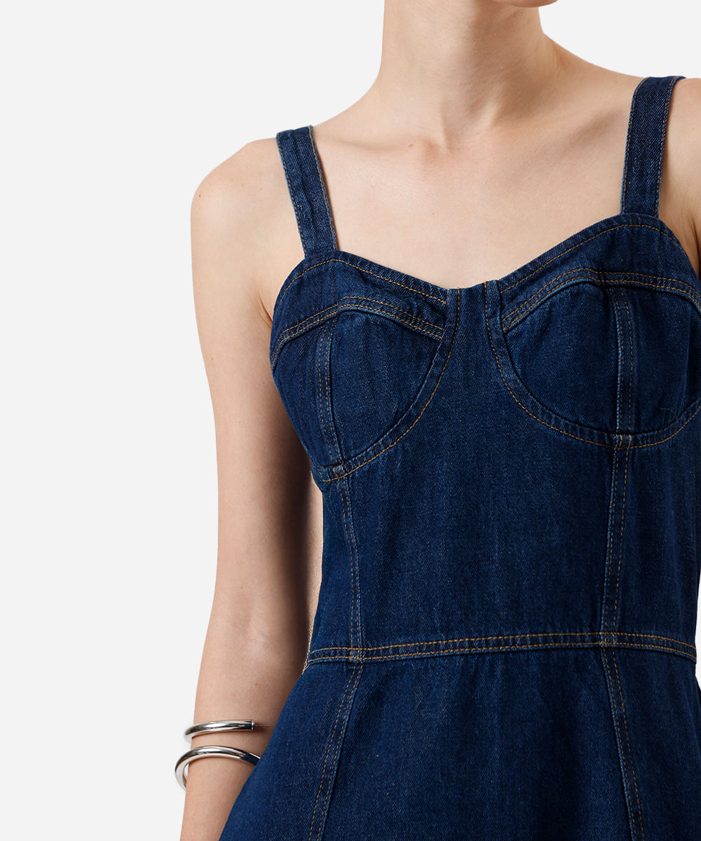vestido midi alça fina feminino jeans decote coração azul