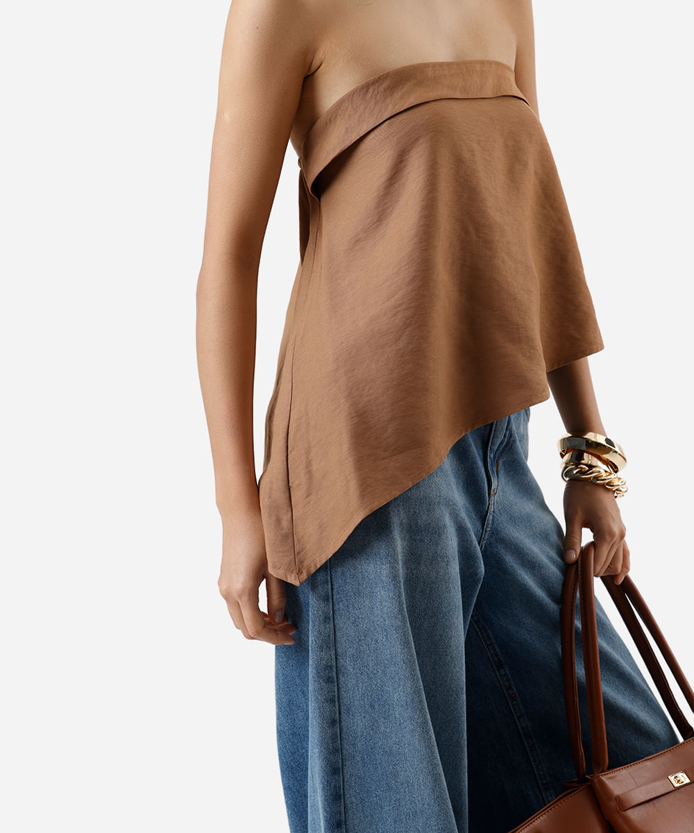 blusa sem alça feminina com viscose assimétrica marrom