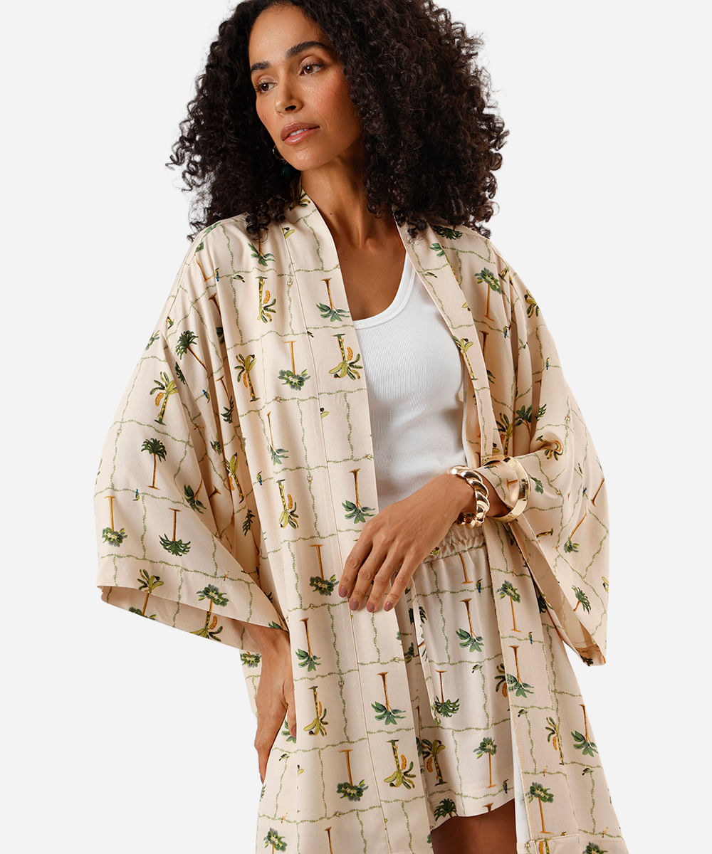 kimono feminino de viscose folhagens bege