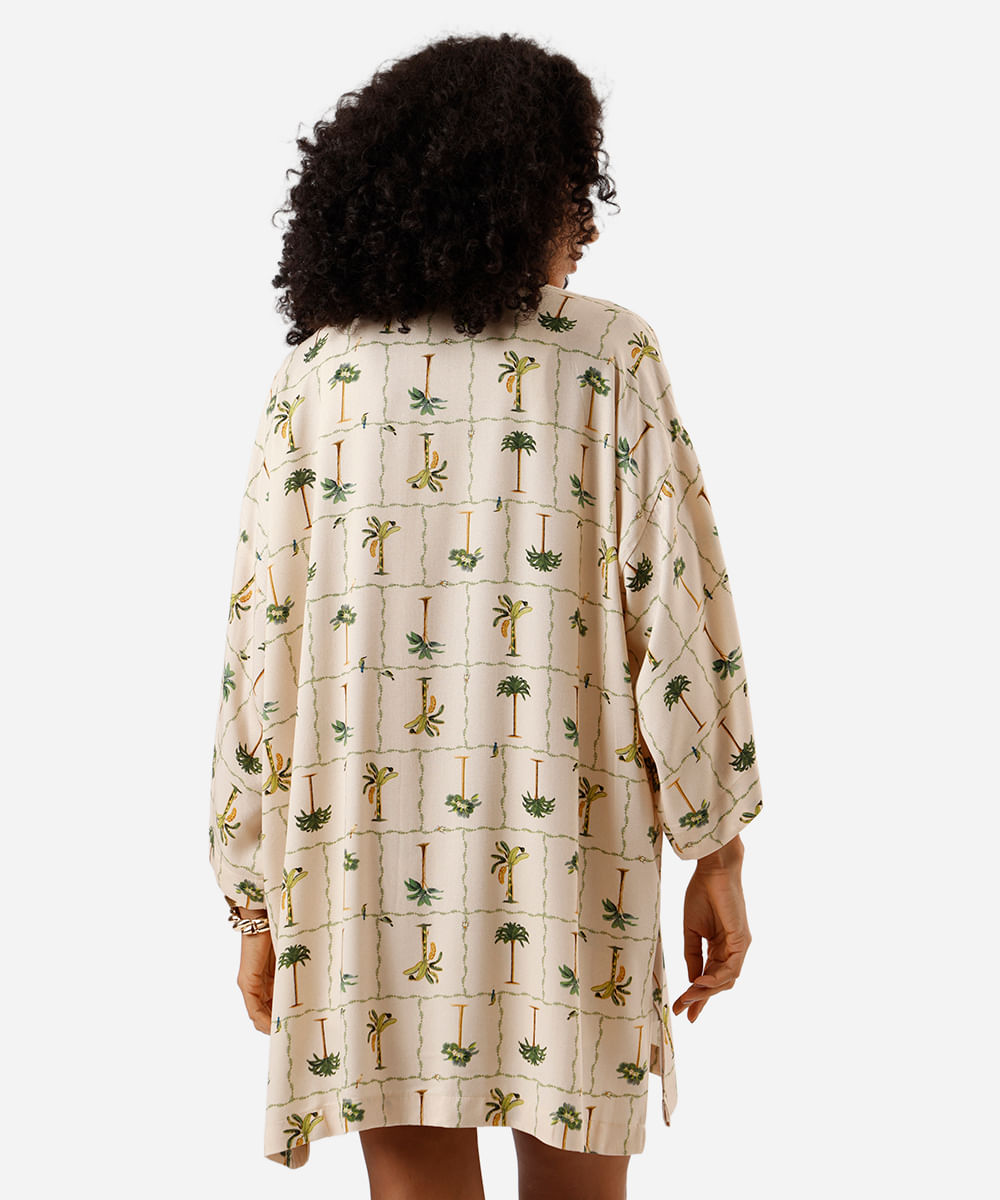 kimono feminino de viscose folhagens bege