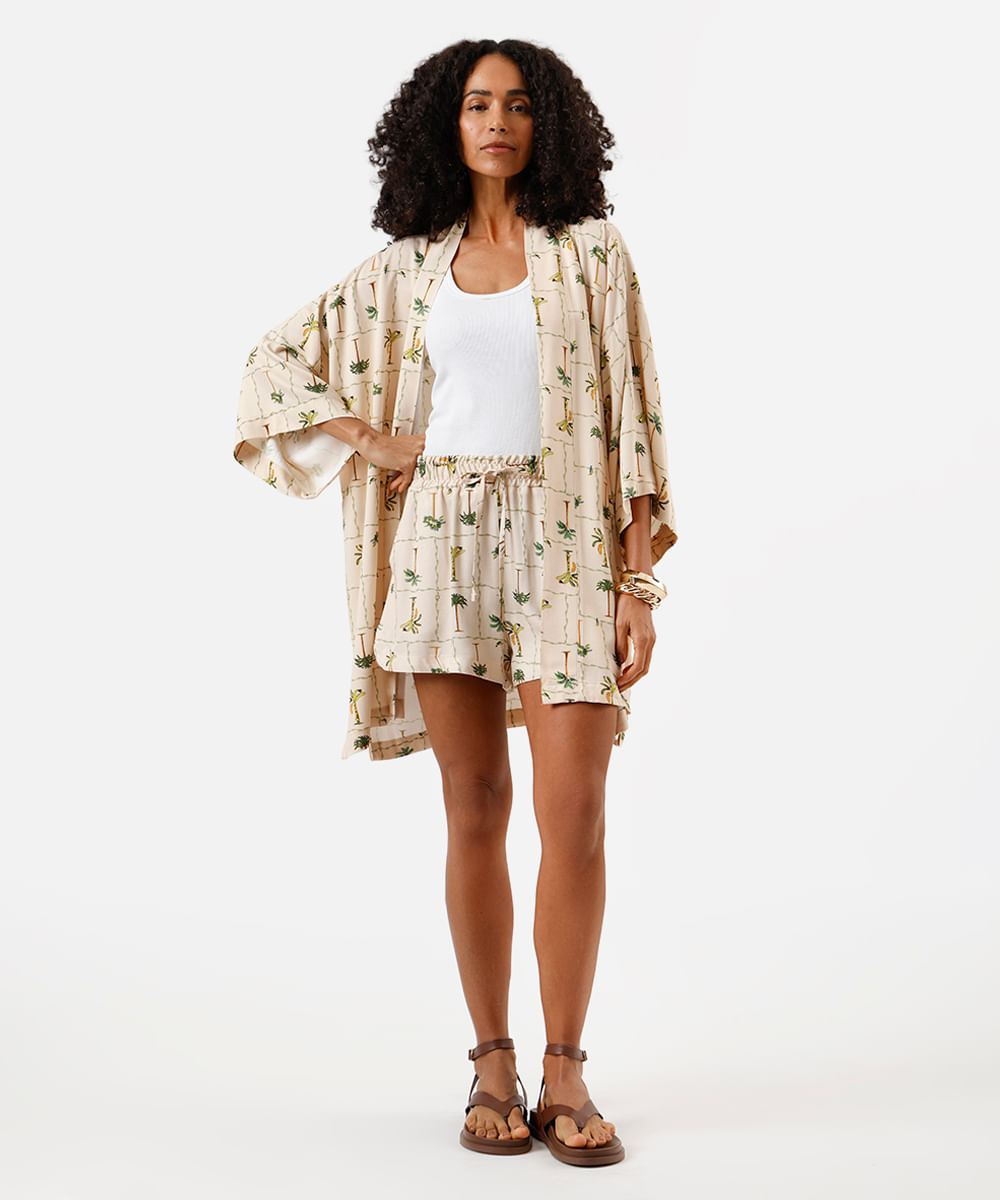 kimono feminino de viscose folhagens bege