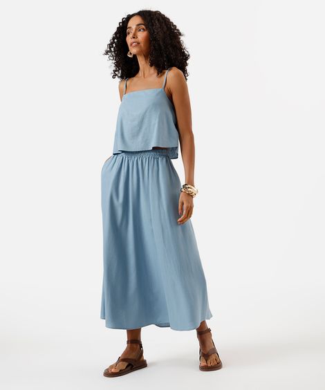 saia midi feminina com linho e cós elástico azul