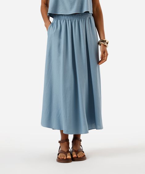 saia midi feminina com linho e cós elástico azul