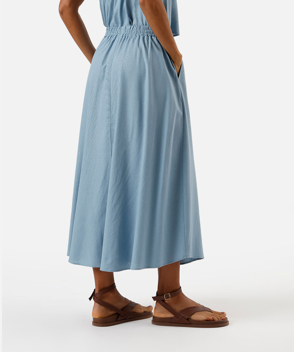 saia midi feminina com linho e cós elástico azul