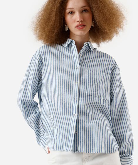 camisa feminina de algodão manga longa texturizada listrada off white