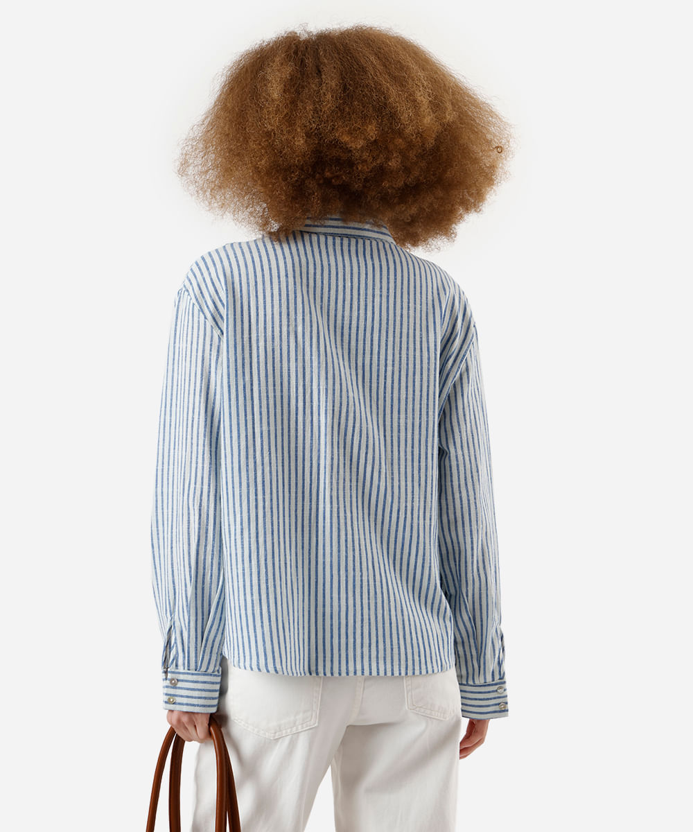 camisa feminina de algodão manga longa texturizada listrada off white