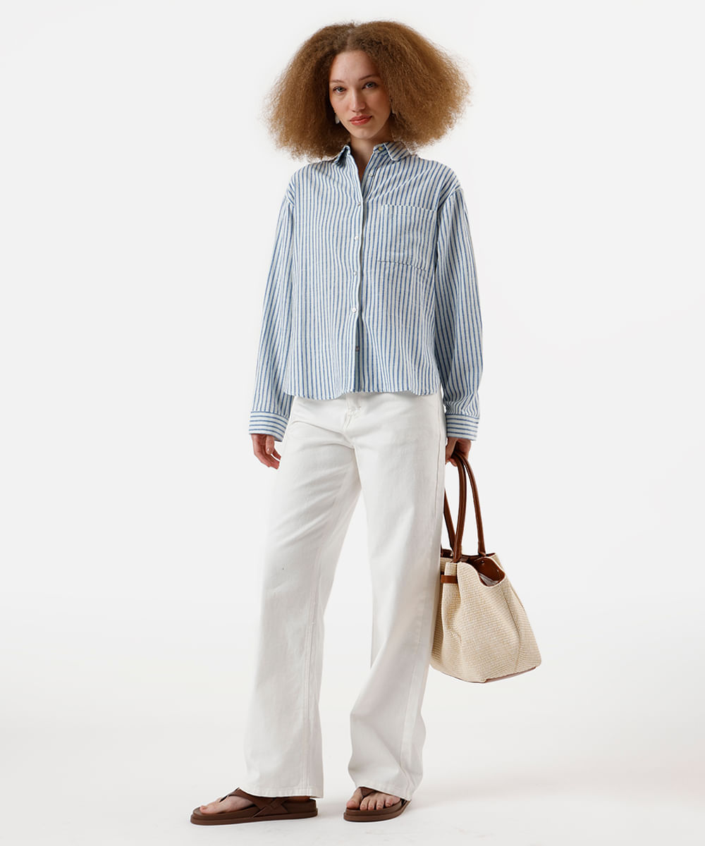 camisa feminina de algodão manga longa texturizada listrada off white
