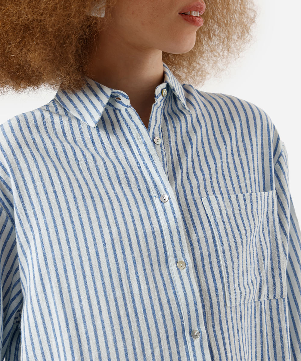 camisa feminina de algodão manga longa texturizada listrada off white