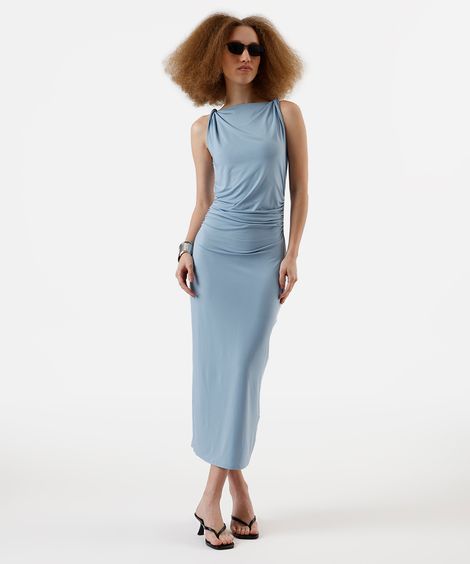 vestido midi feminino franzido azul