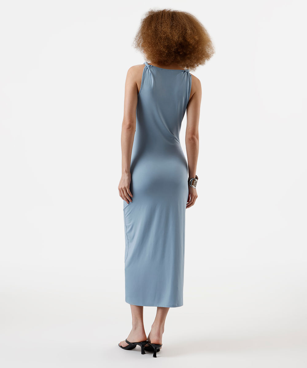 vestido midi feminino franzido azul