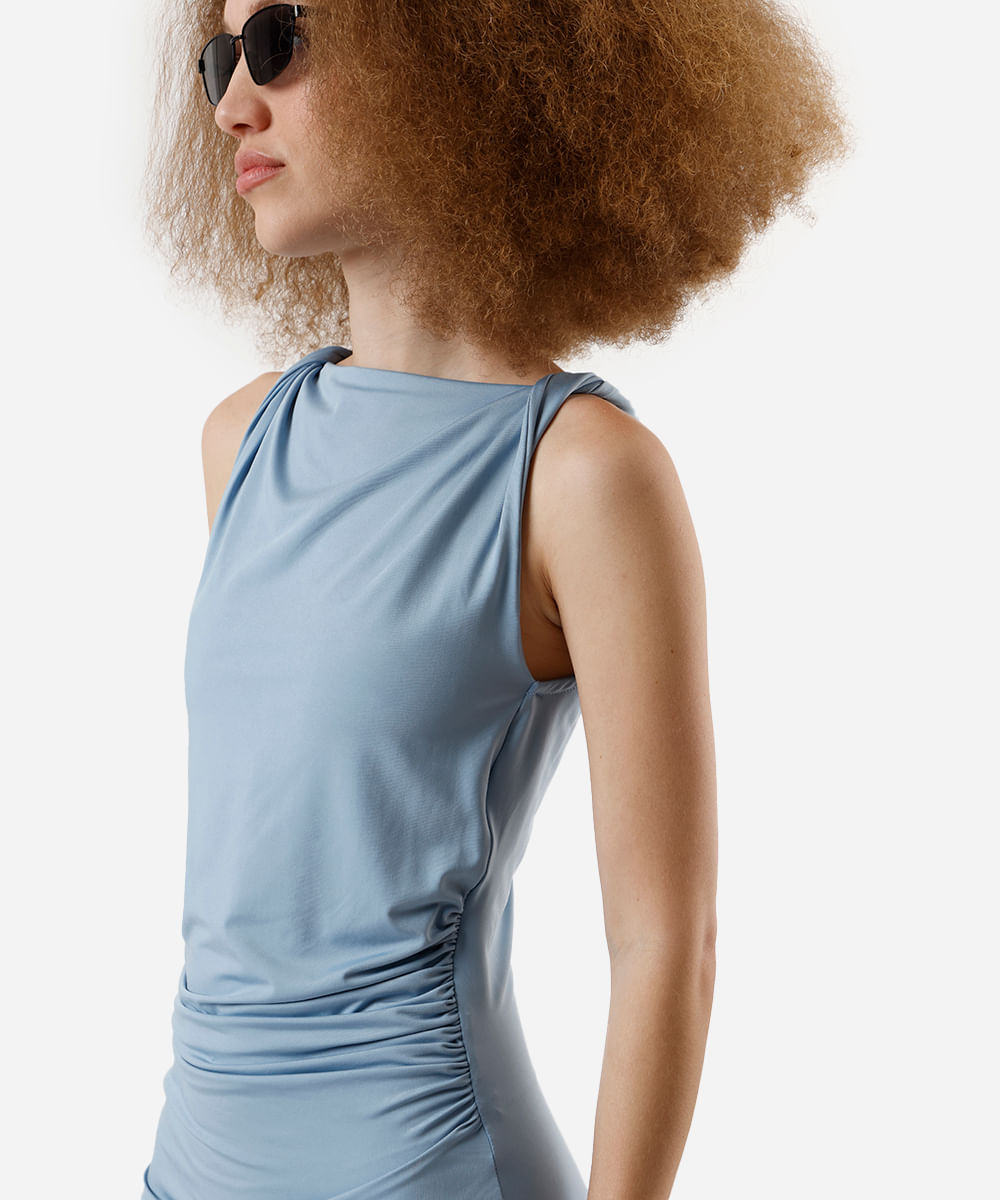 vestido midi feminino franzido azul