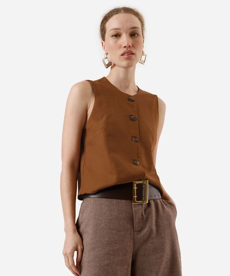 colete feminino com linho decote redondo marrom