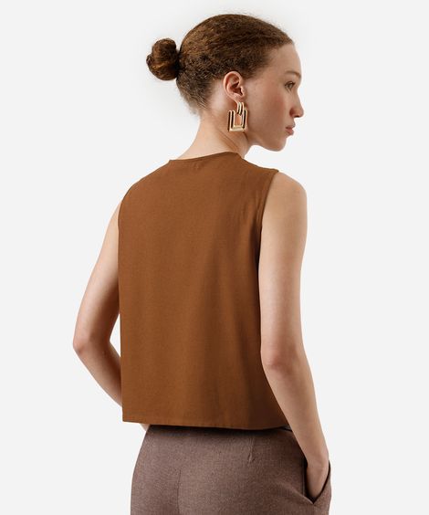 colete feminino com linho decote redondo marrom