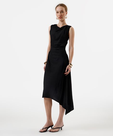vestido midi feminino com viscose e franzidos decote degagê preto