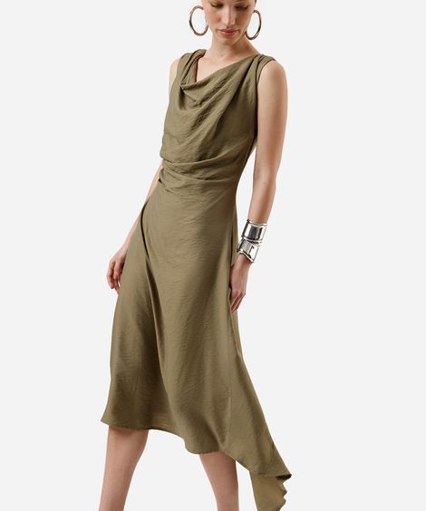 vestido midi feminino com viscose e franzidos decote degagê verde